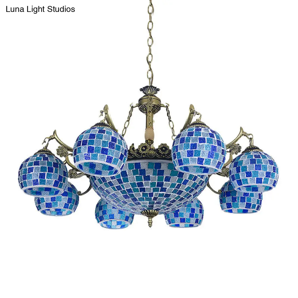 Lámpara colgante mediterránea con forma de globo de vitral y luces azules - Disponible en 5, 9 u 11 pulgadas