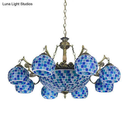 Lámpara colgante mediterránea con forma de globo de vitral y luces azules - Disponible en 5, 9 u 11 pulgadas