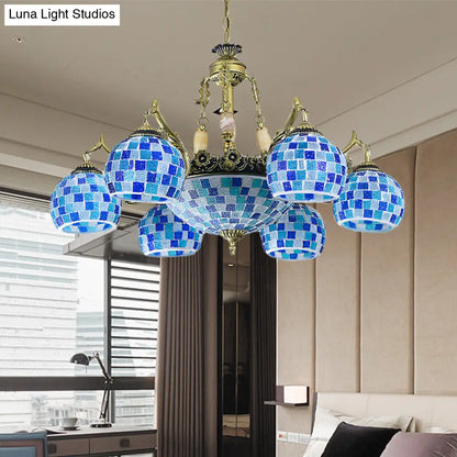 Lámpara colgante mediterránea con forma de globo de vitral y luces azules - Disponible en 5, 9 u 11 pulgadas