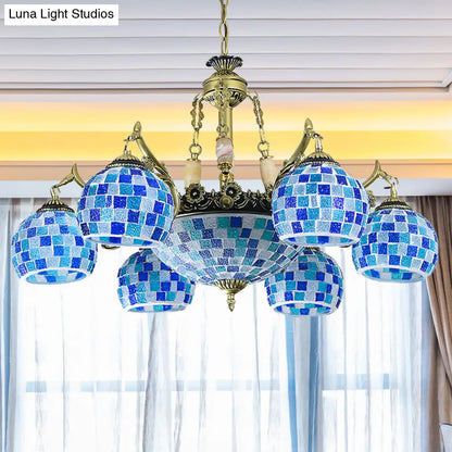 Lámpara colgante mediterránea con forma de globo de vitral y luces azules - Disponible en 5, 9 u 11 pulgadas