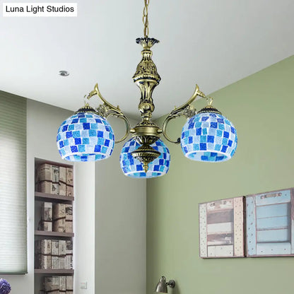 Lámpara colgante mediterránea con forma de globo de vitral y luces azules - Disponible en 5, 9 u 11 pulgadas