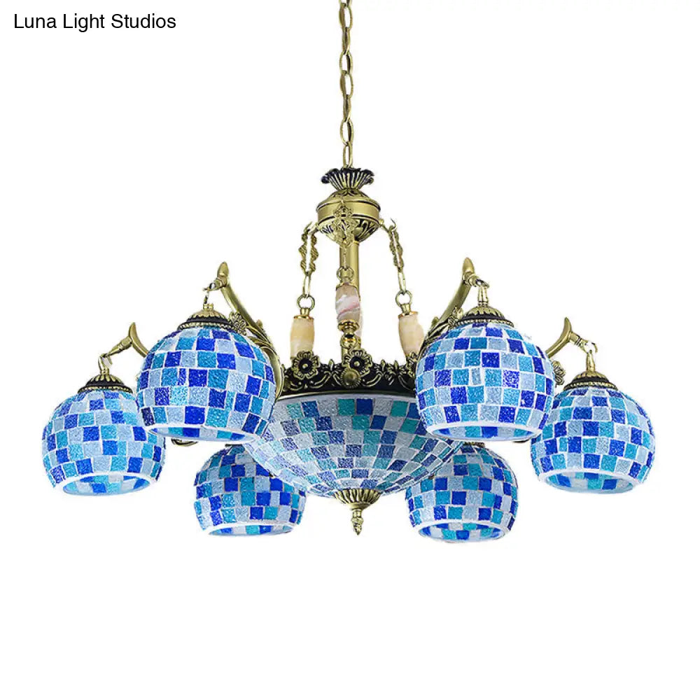 Lámpara colgante mediterránea con forma de globo de vitral y luces azules - Disponible en 5, 9 u 11 pulgadas