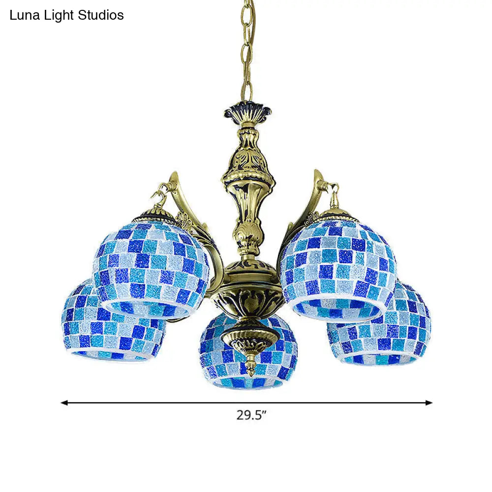 Lámpara colgante mediterránea con forma de globo de vitral y luces azules - Disponible en 5, 9 u 11 pulgadas