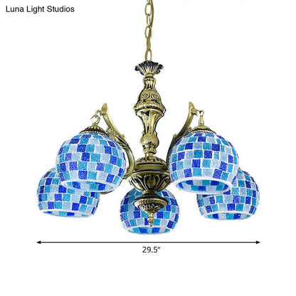 Lámpara colgante mediterránea con forma de globo de vitral y luces azules - Disponible en 5, 9 u 11 pulgadas