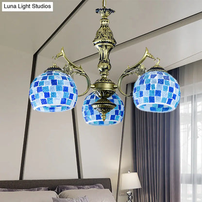 Lámpara colgante mediterránea con forma de globo de vitral y luces azules - Disponible en 5, 9 u 11 pulgadas