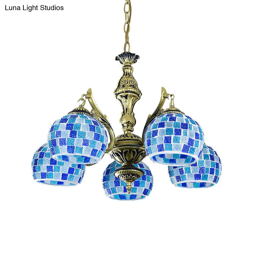 Lámpara colgante mediterránea con forma de globo de vitral y luces azules - Disponible en 5, 9 u 11 pulgadas
