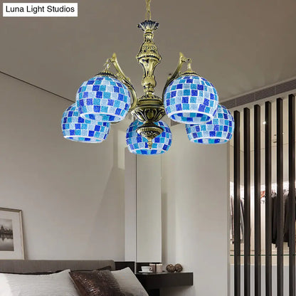 Lámpara colgante mediterránea con forma de globo de vitral y luces azules - Disponible en 5, 9 u 11 pulgadas
