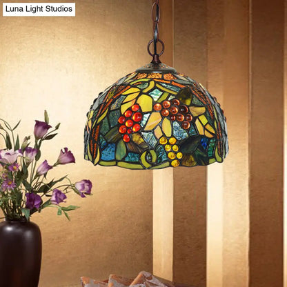 Mediterranean Stained Glass Hanging Light - Green Dome, 8"/12", Bronze Pendant