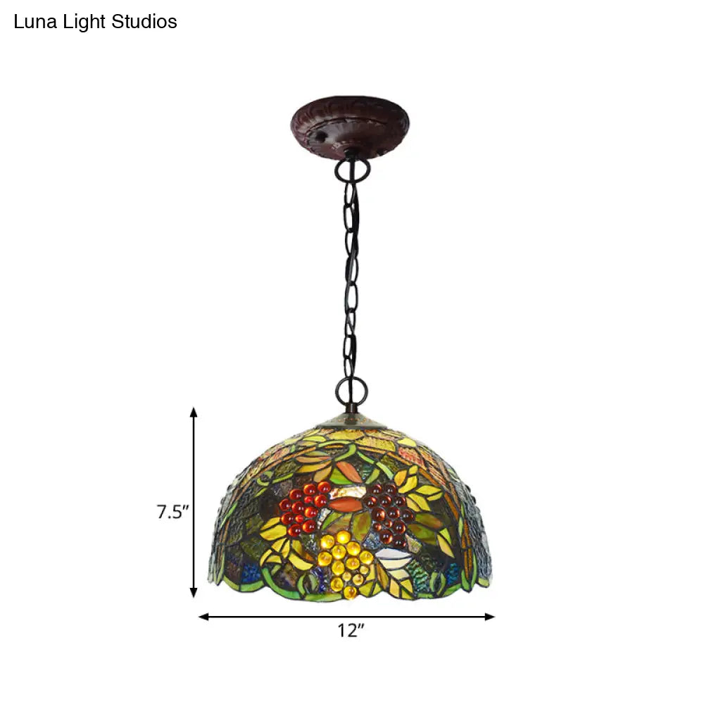 Mediterranean Stained Glass Hanging Light - Green Dome, 8"/12", Bronze Pendant