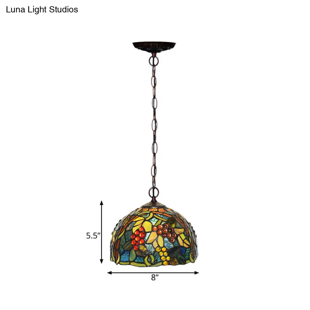 Mediterranean Stained Glass Hanging Light - Green Dome, 8"/12", Bronze Pendant