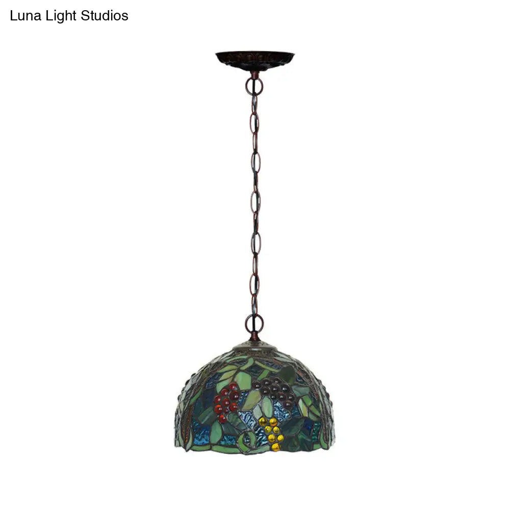 Mediterranean Stained Glass Hanging Light - Green Dome, 8"/12", Bronze Pendant