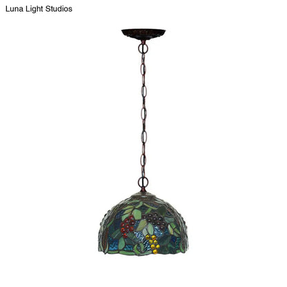 Mediterranean Stained Glass Hanging Light - Green Dome, 8"/12", Bronze Pendant