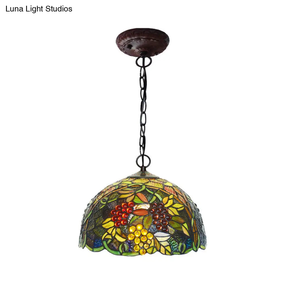 Mediterranean Stained Glass Hanging Light - Green Dome, 8"/12", Bronze Pendant