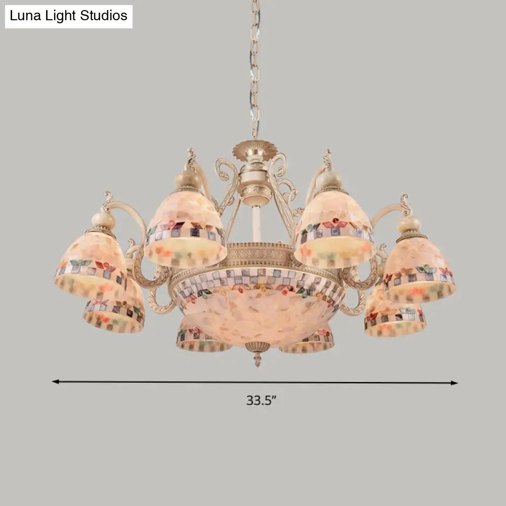 Mediterranean Stained Glass Pendant Chandelier - Beige Mosaic Lamp for Living Room (3/5/9 Lights)