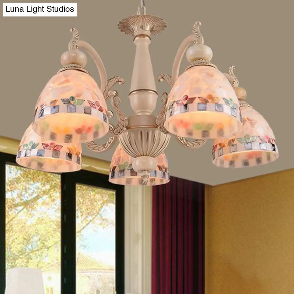 Mediterranean Stained Glass Pendant Chandelier - Beige Mosaic Lamp for Living Room (3/5/9 Lights)