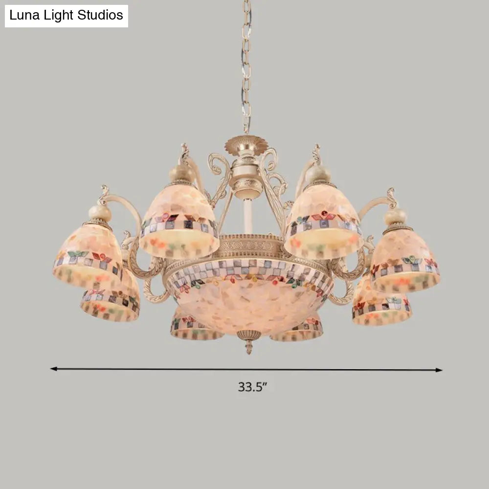 Mediterranean Stained Glass Pendant Chandelier - Beige Mosaic Lamp for Living Room (3/5/9 Lights)