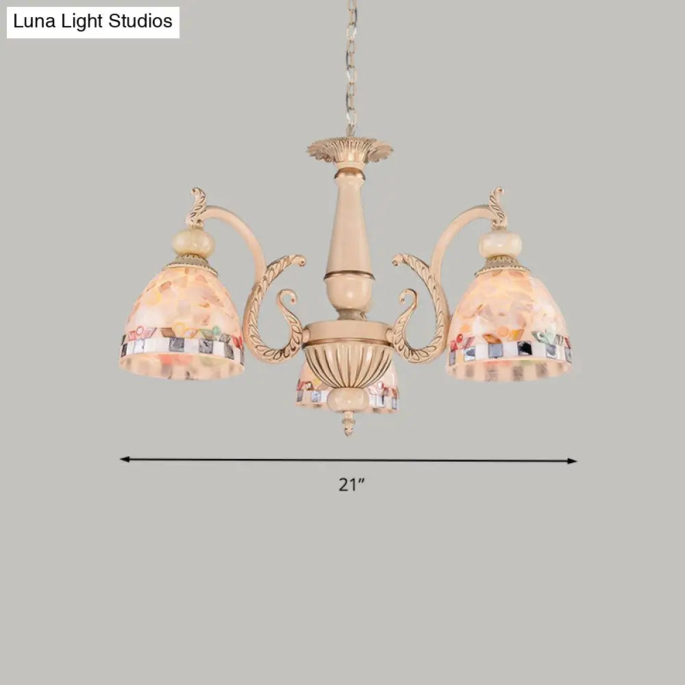 Mediterranean Stained Glass Pendant Chandelier - Beige Mosaic Lamp for Living Room (3/5/9 Lights)