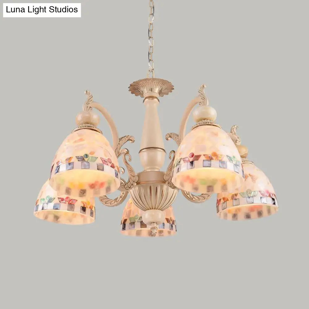 Mediterranean Stained Glass Pendant Chandelier - Beige Mosaic Lamp for Living Room (3/5/9 Lights)