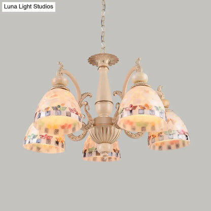 Mediterranean Stained Glass Pendant Chandelier - Beige Mosaic Lamp for Living Room (3/5/9 Lights)