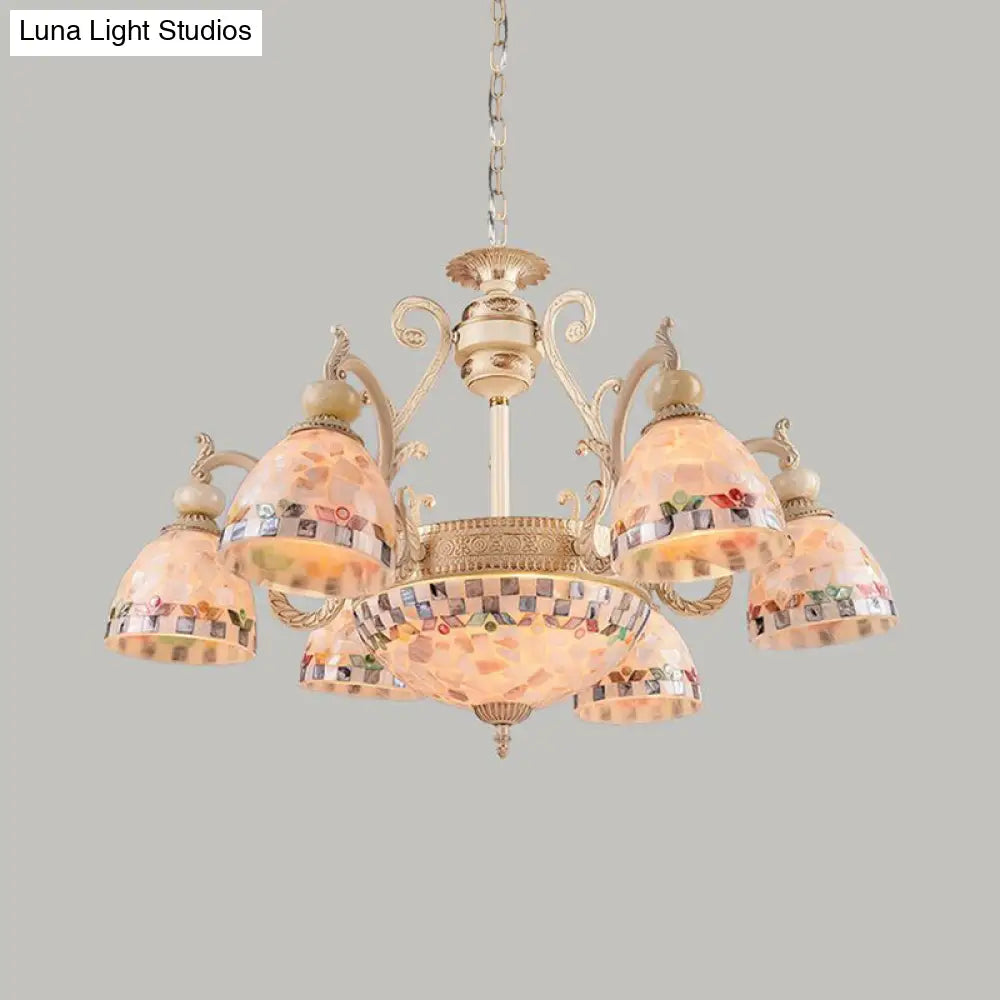 Mediterranean Stained Glass Pendant Chandelier - Beige Mosaic Lamp for Living Room (3/5/9 Lights)