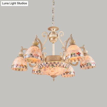 Mediterranean Stained Glass Pendant Chandelier - Beige Mosaic Lamp for Living Room (3/5/9 Lights)