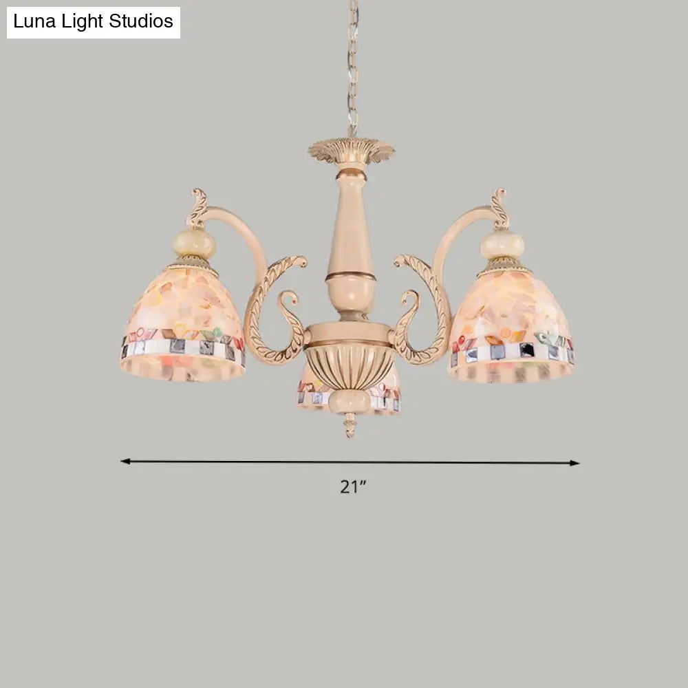 Mediterranean Stained Glass Pendant Chandelier - Beige Mosaic Lamp for Living Room (3/5/9 Lights)