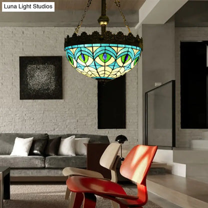 Mediterranean Stained Glass Pendant Chandelier with 3 Antique Brass Lights - Dragonfly, Heart, and Geometric Design