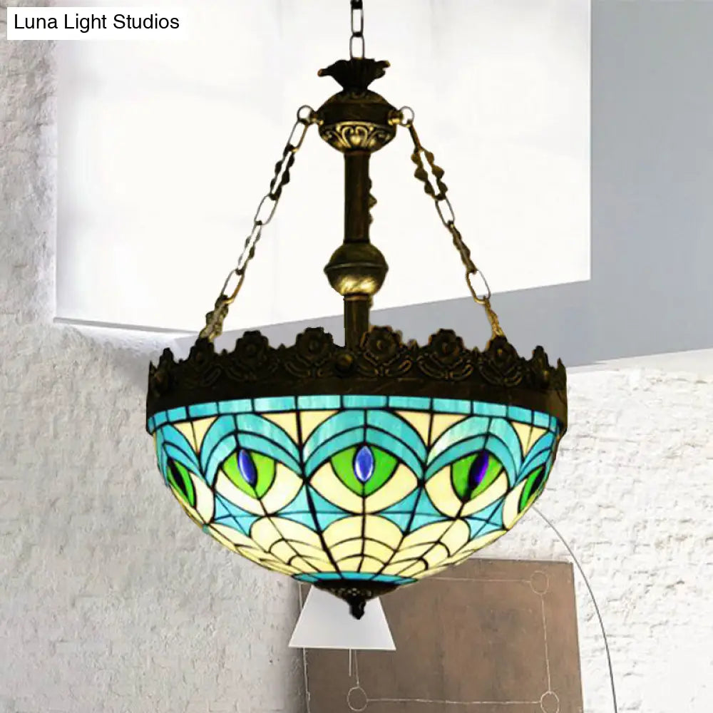 Mediterranean Stained Glass Pendant Chandelier with 3 Antique Brass Lights - Dragonfly, Heart, and Geometric Design