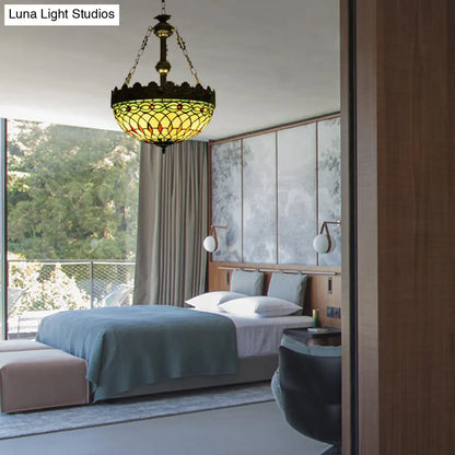 Mediterranean Stained Glass Pendant Chandelier with 3 Antique Brass Lights - Dragonfly, Heart, and Geometric Design