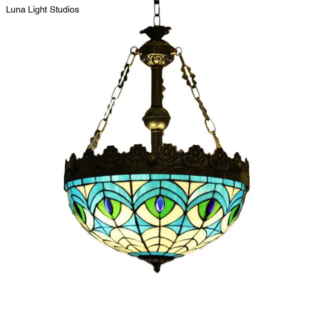 Mediterranean Stained Glass Pendant Chandelier with 3 Antique Brass Lights - Dragonfly, Heart, and Geometric Design