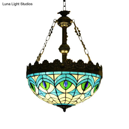 Mediterranean Stained Glass Pendant Chandelier with 3 Antique Brass Lights - Dragonfly, Heart, and Geometric Design