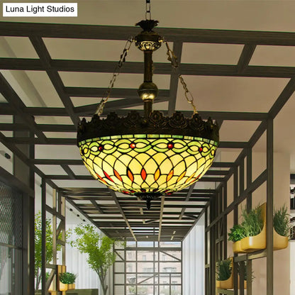 Mediterranean Stained Glass Pendant Chandelier with 3 Antique Brass Lights - Dragonfly, Heart, and Geometric Design