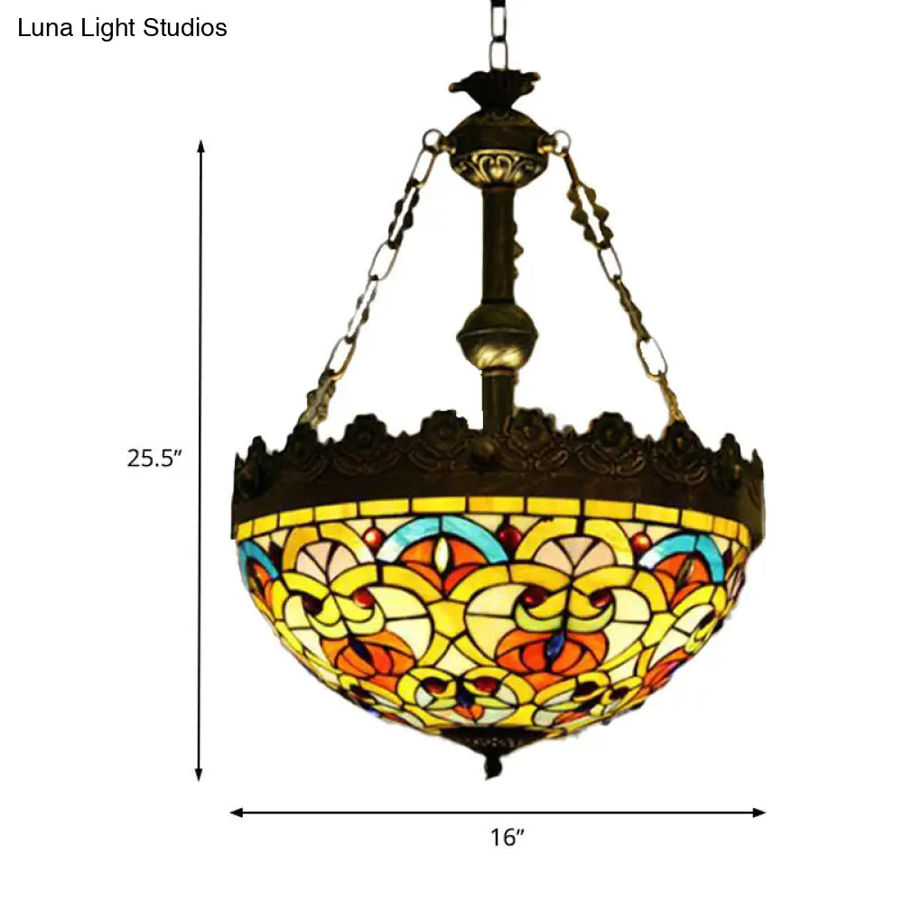 Mediterranean Stained Glass Pendant Chandelier with 3 Antique Brass Lights - Dragonfly, Heart, and Geometric Design