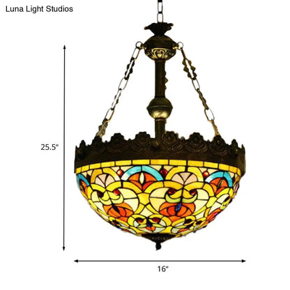 Mediterranean Stained Glass Pendant Chandelier with 3 Antique Brass Lights - Dragonfly, Heart, and Geometric Design