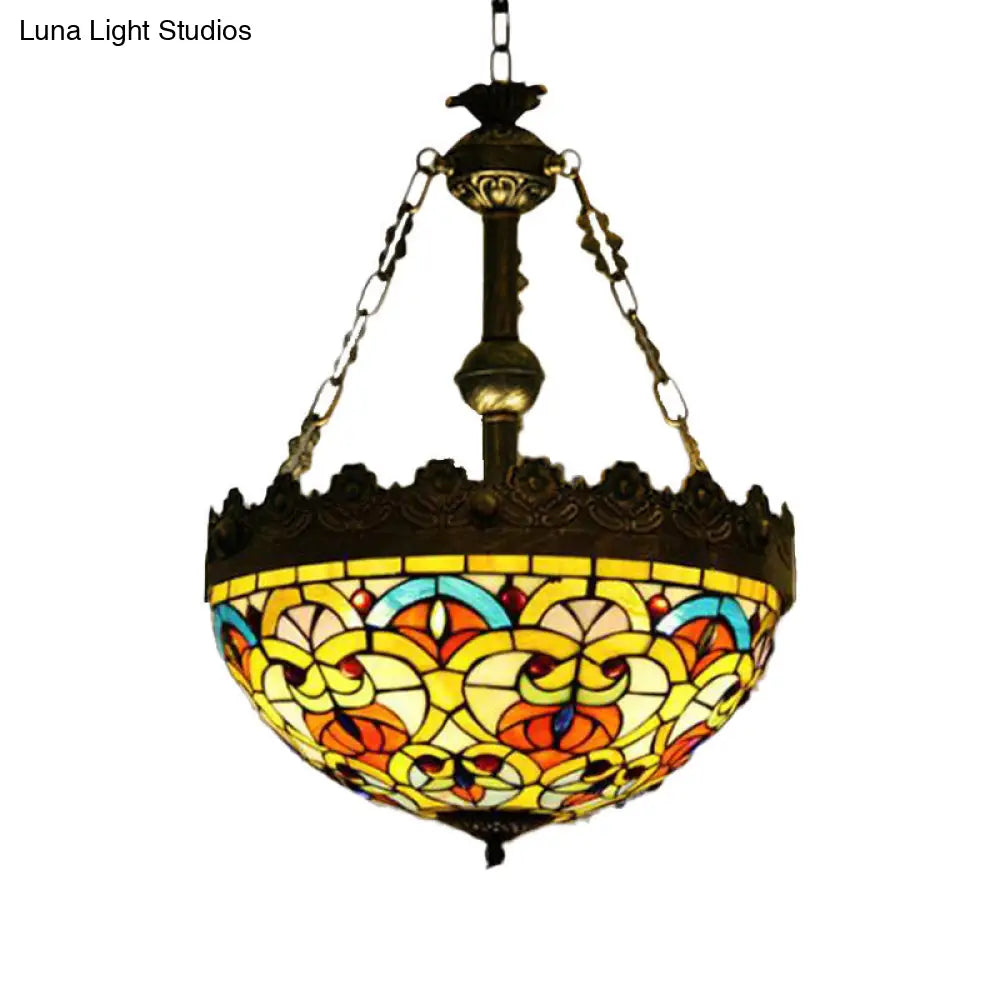 Mediterranean Stained Glass Pendant Chandelier with 3 Antique Brass Lights - Dragonfly, Heart, and Geometric Design