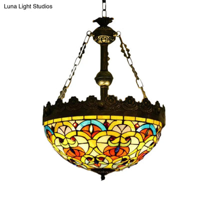 Mediterranean Stained Glass Pendant Chandelier with 3 Antique Brass Lights - Dragonfly, Heart, and Geometric Design