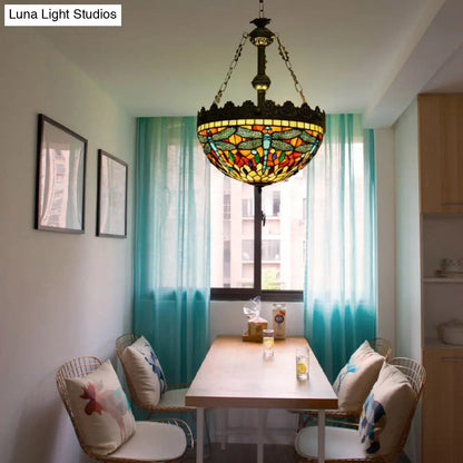 Mediterranean Stained Glass Pendant Chandelier with 3 Antique Brass Lights - Dragonfly, Heart, and Geometric Design