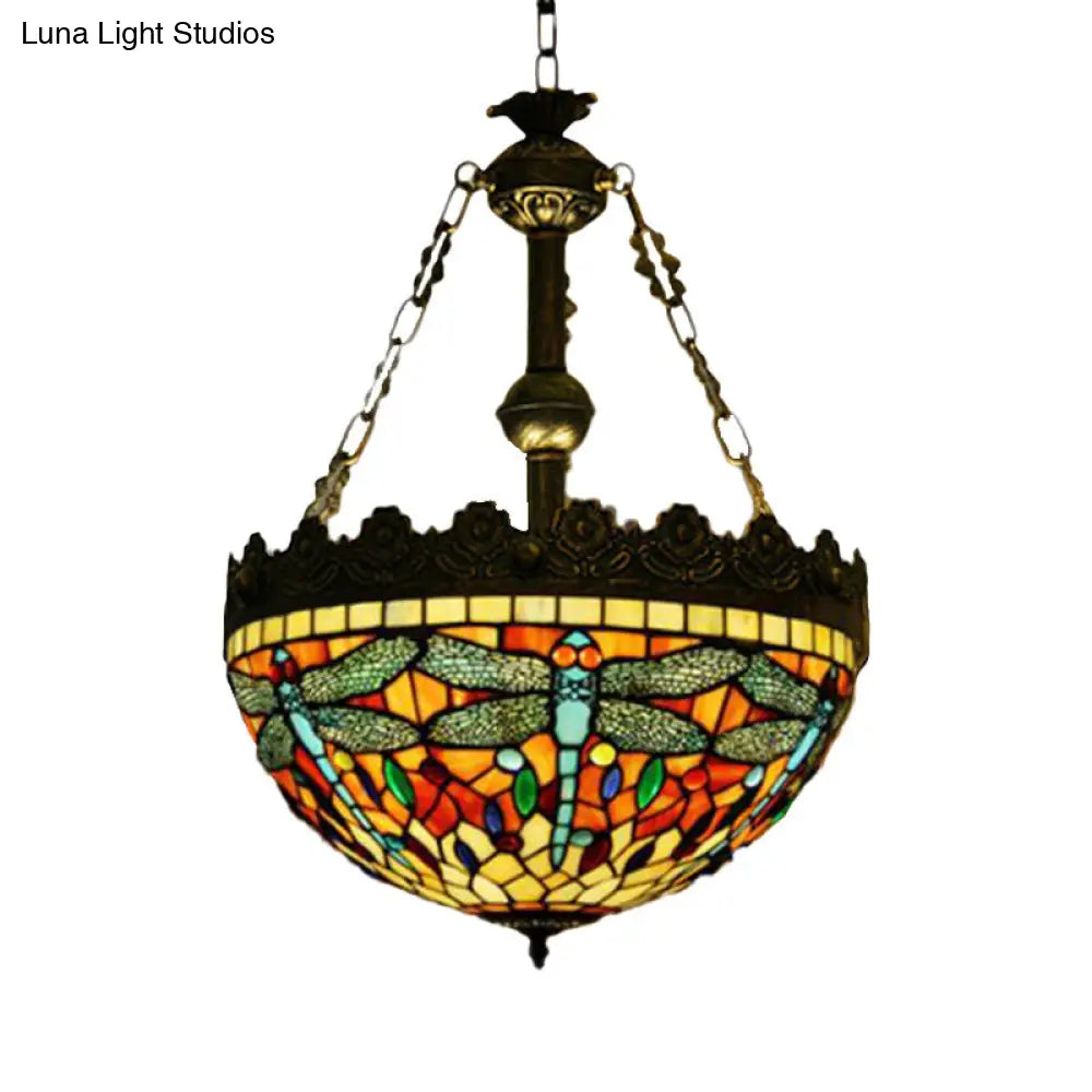 Mediterranean Stained Glass Pendant Chandelier with 3 Antique Brass Lights - Dragonfly, Heart, and Geometric Design