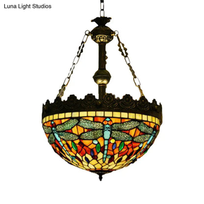 Mediterranean Stained Glass Pendant Chandelier with 3 Antique Brass Lights - Dragonfly, Heart, and Geometric Design