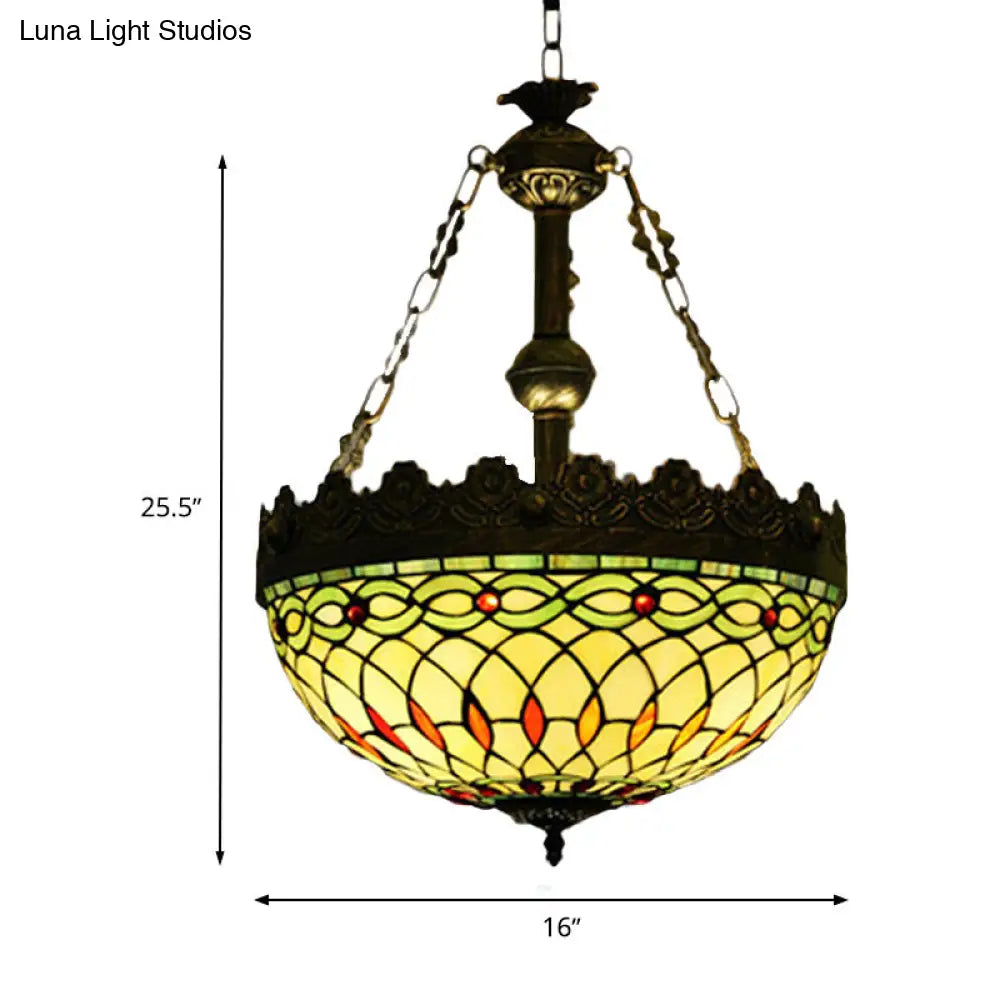 Mediterranean Stained Glass Pendant Chandelier with 3 Antique Brass Lights - Dragonfly, Heart, and Geometric Design
