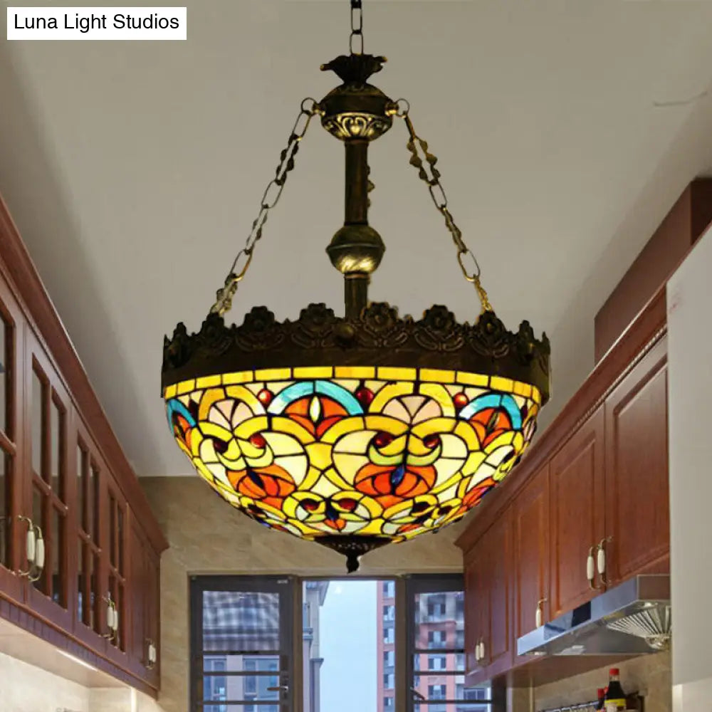 Mediterranean Stained Glass Pendant Chandelier with 3 Antique Brass Lights - Dragonfly, Heart, and Geometric Design