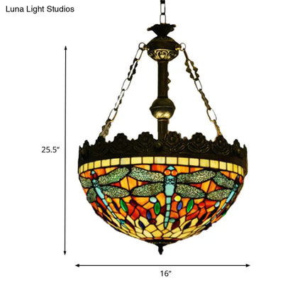 Mediterranean Stained Glass Pendant Chandelier with 3 Antique Brass Lights - Dragonfly, Heart, and Geometric Design