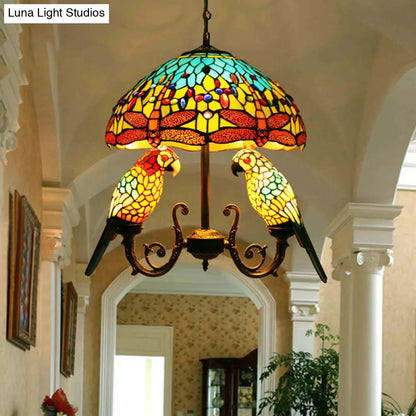 Mediterranean Stained Glass Pendant Chandelier with Parrot Deco in Yellow