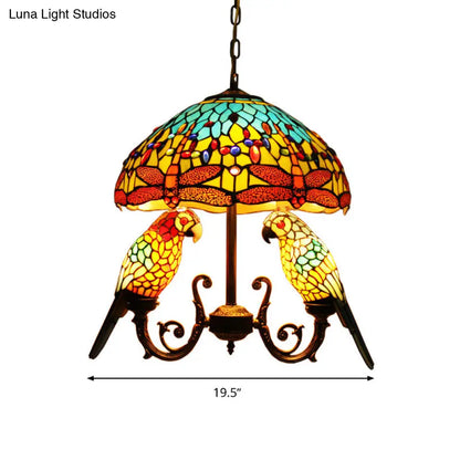 Mediterranean Stained Glass Pendant Chandelier with Parrot Deco in Yellow
