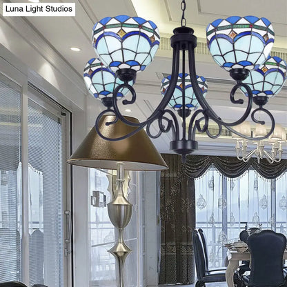 Mediterranean Stained Glass Pendant Light - 5 Blue Lights, Hanging Ceiling Fixture