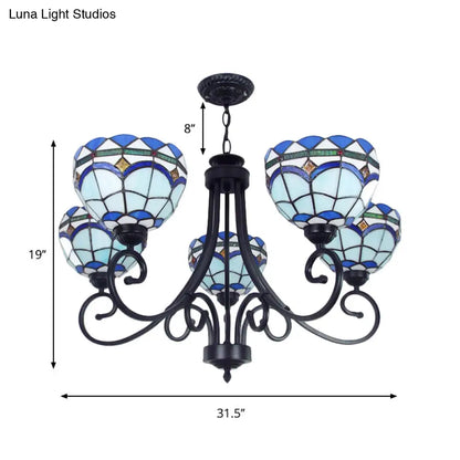Mediterranean Stained Glass Pendant Light - 5 Blue Lights, Hanging Ceiling Fixture