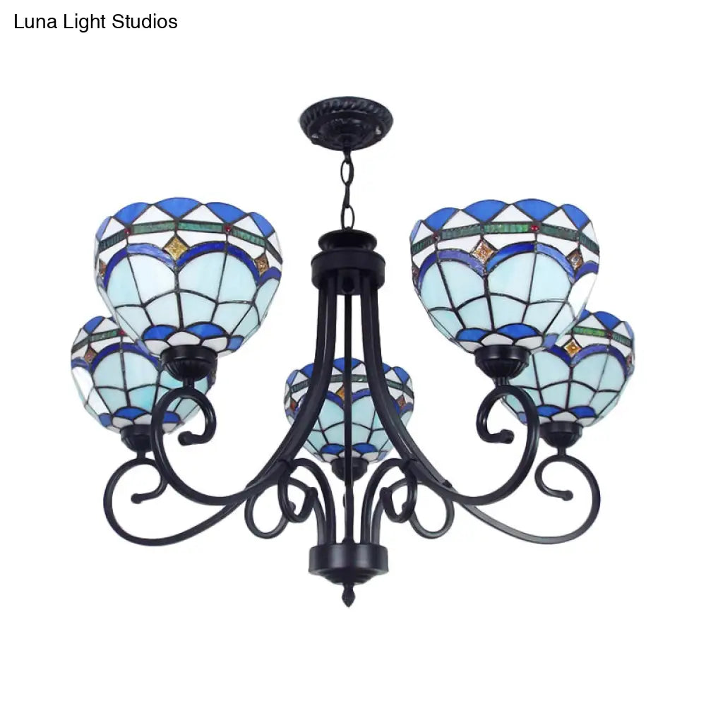 Mediterranean Stained Glass Pendant Light - 5 Blue Lights, Hanging Ceiling Fixture