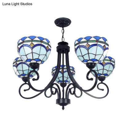 Mediterranean Stained Glass Pendant Light - 5 Blue Lights, Hanging Ceiling Fixture