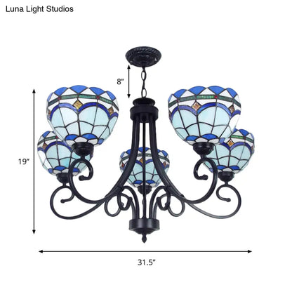 Mediterranean Stained Glass Pendant Light - 5 Blue Lights, Hanging Ceiling Fixture