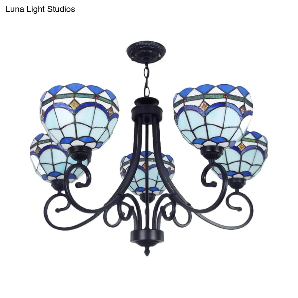 Mediterranean Stained Glass Pendant Light - 5 Blue Lights, Hanging Ceiling Fixture